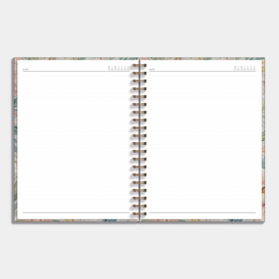 Spiral bound hardcover notebook with a vintage design of peonies in pastel shades, example of inner pages.