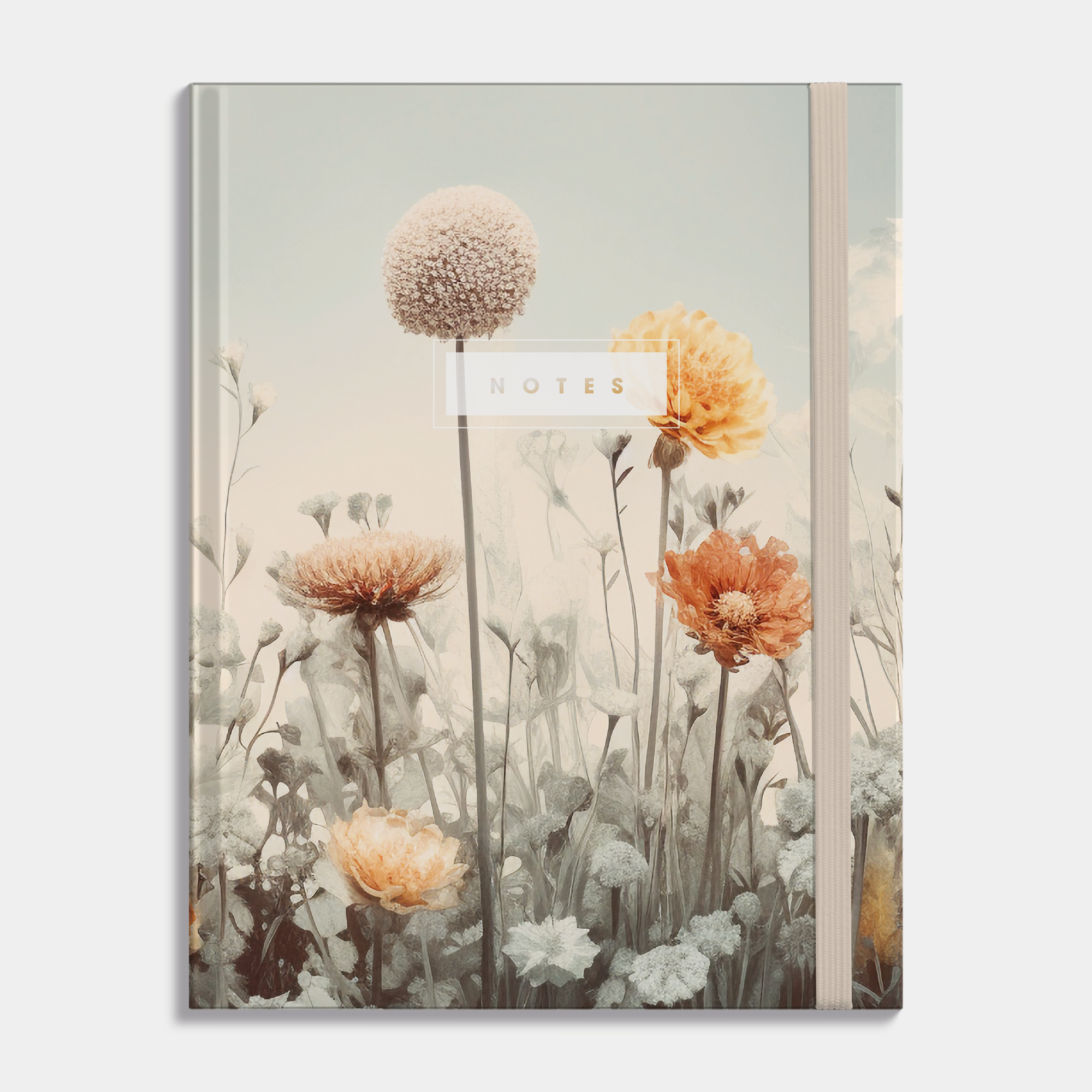 Hardcover notebook with wildflowers design. Frontal view.