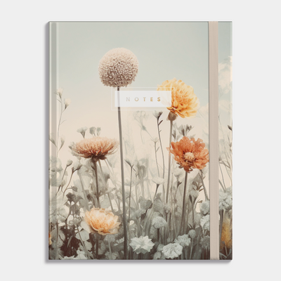 Hardcover notebook with wildflowers design. Frontal view.