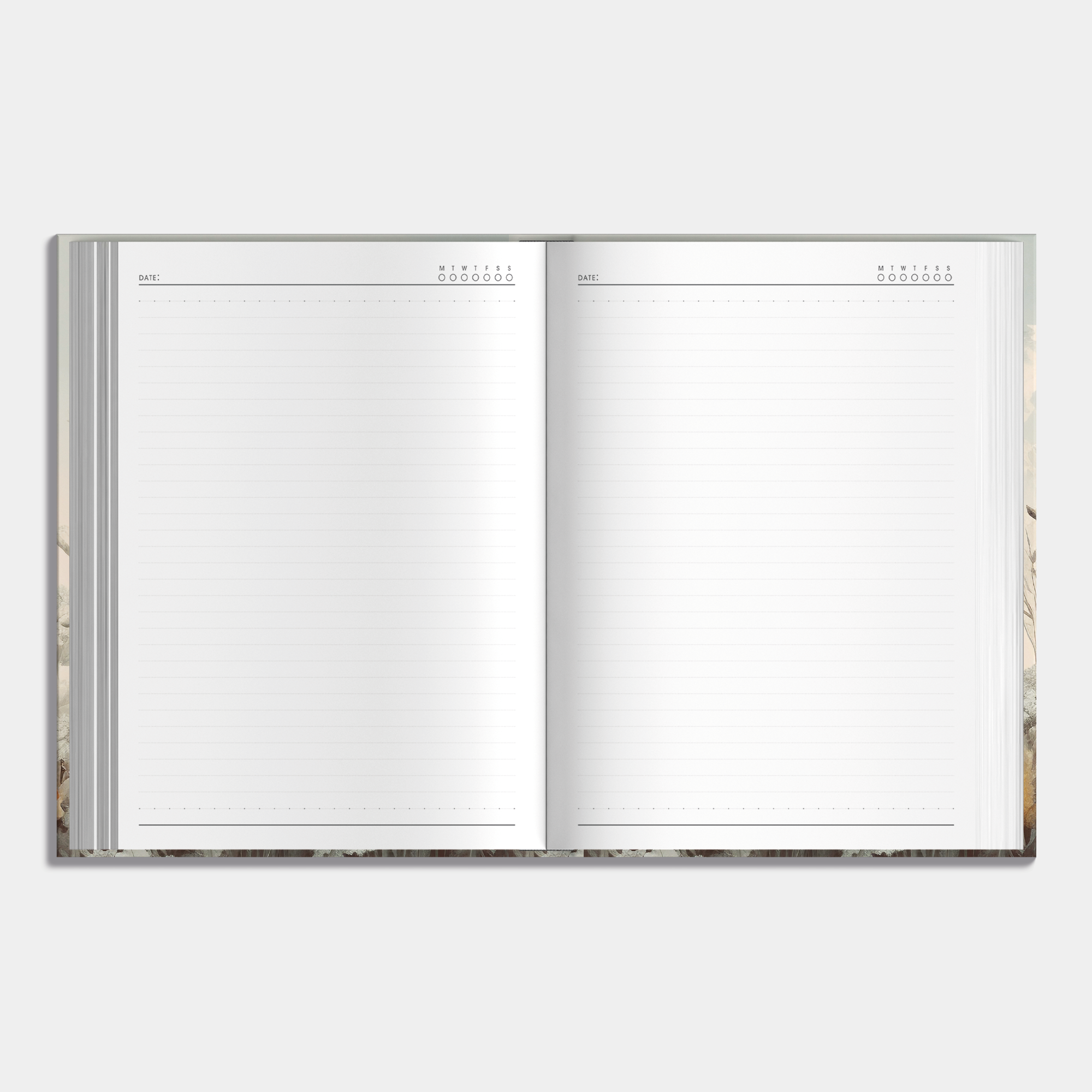 Hardcover notebook with wildflowers design, example of inner pages.