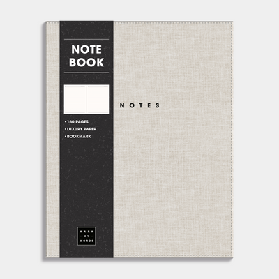 Notebook with a flexible cover of beige linen. Frontal view with informative paper wrap.
