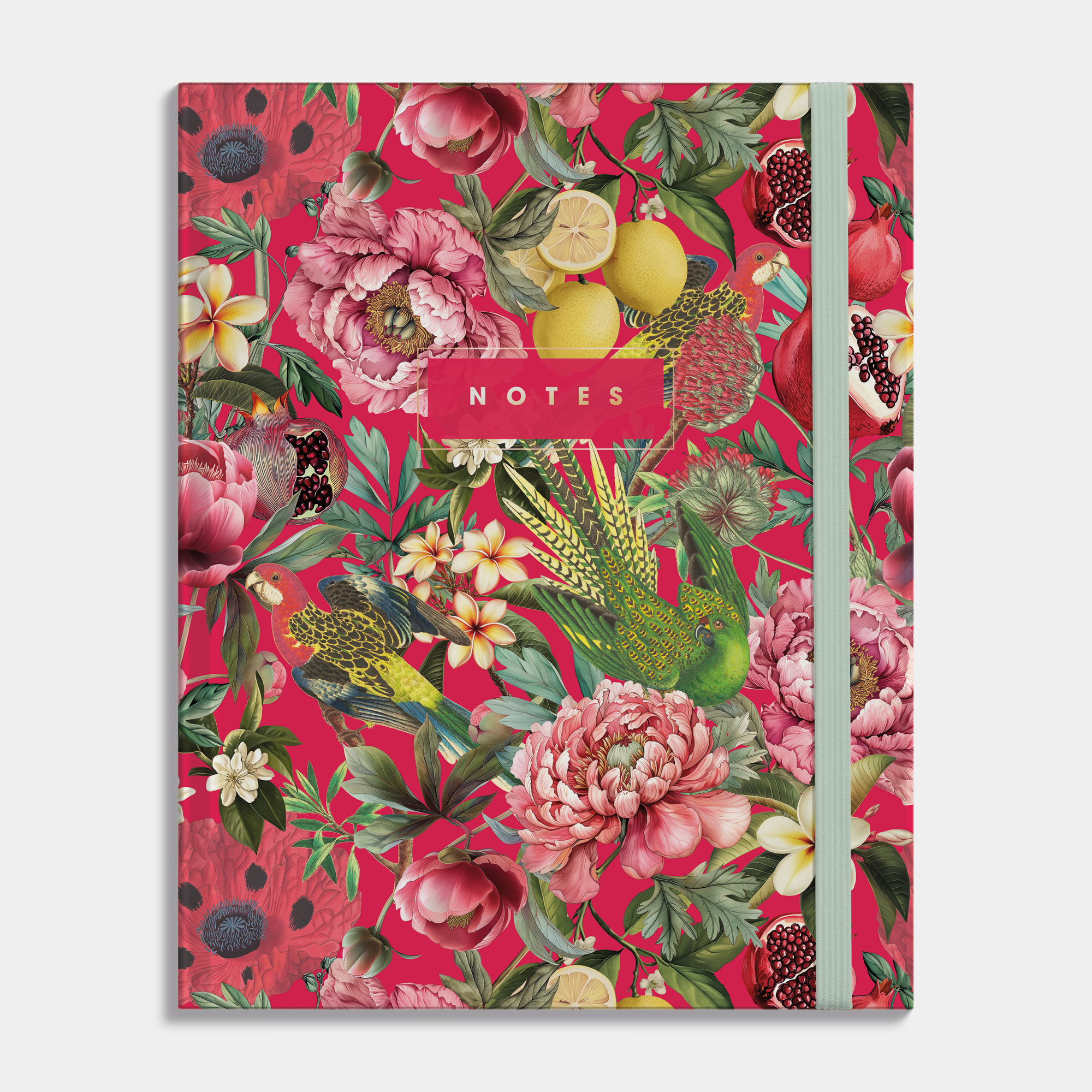 Hardcover notebook with a design of tropical fruits and birds on a red background. Frontal view.