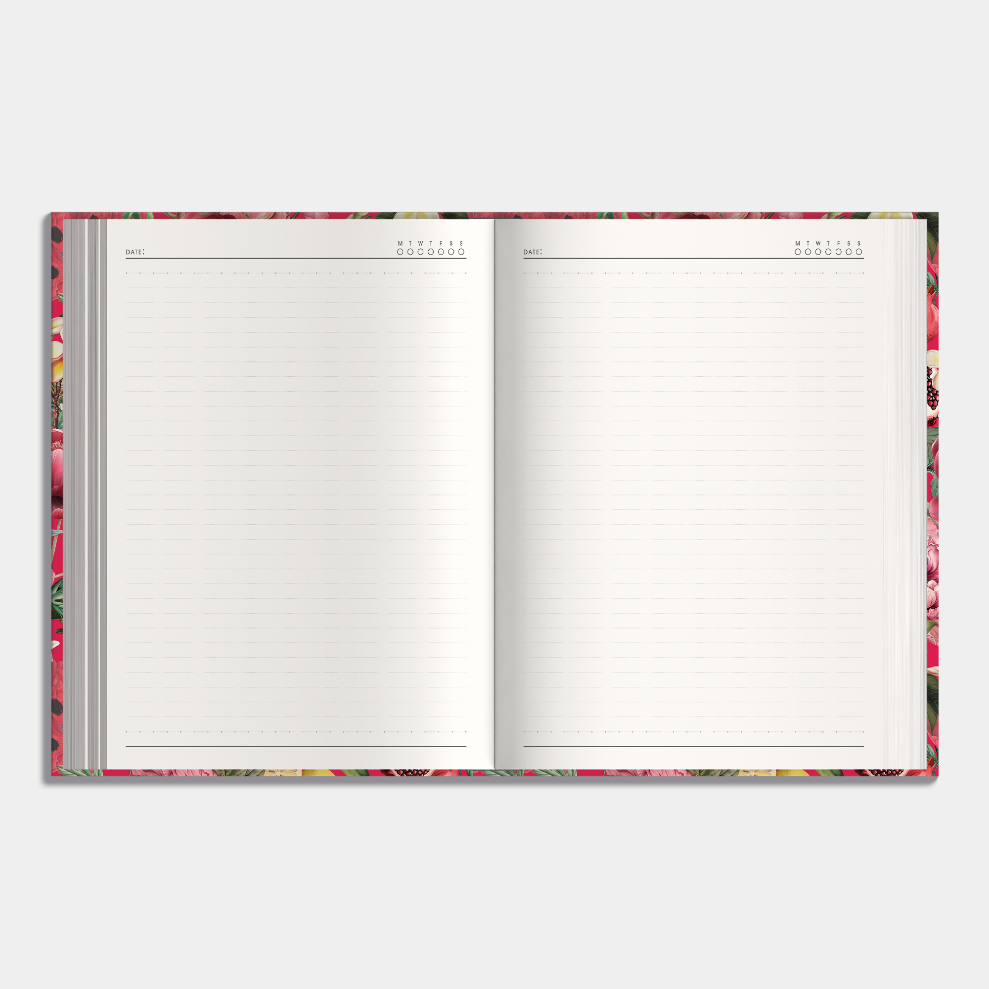 Hardcover notebook with colourful tropical print, example of inner pages.