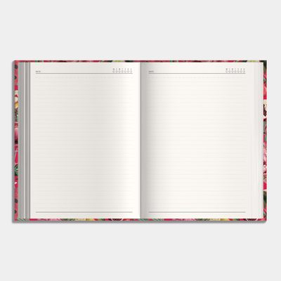 Hardcover notebook with colourful tropical print, example of inner pages.