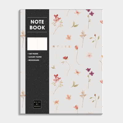 Notebook with a flexible cover and a design of delicate flowers on a light background. Frontal view with informative paper wrap.