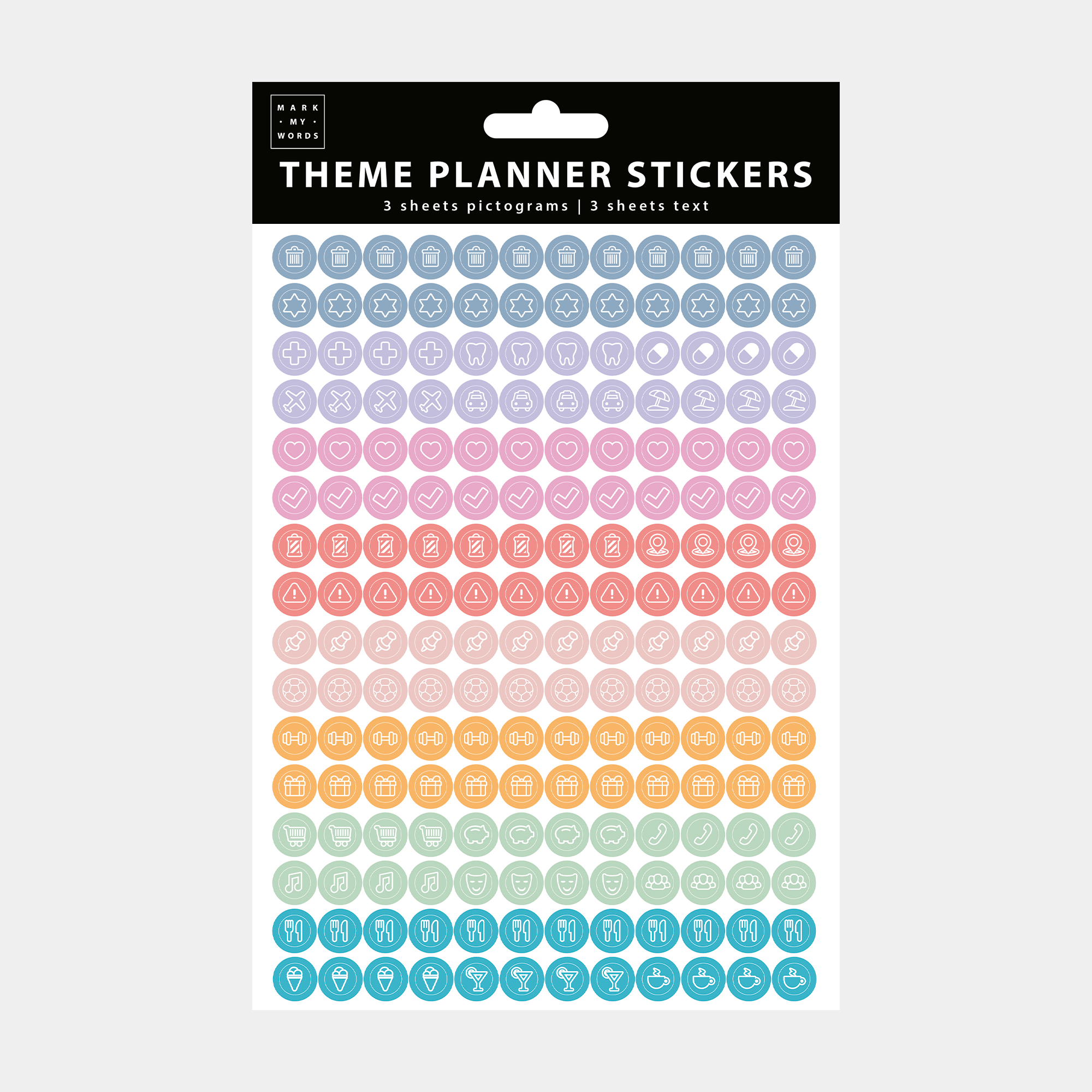 a pack of planner stickers with icon and keywords in a variety of colours.