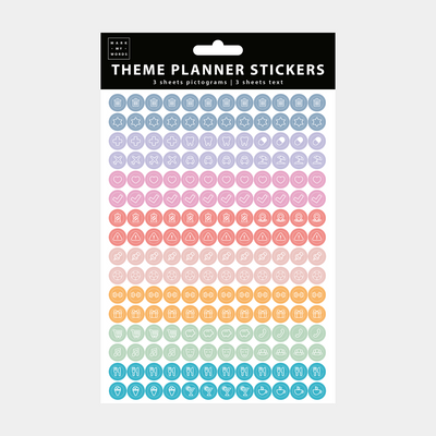 a pack of planner stickers with icon and keywords in a variety of colours.